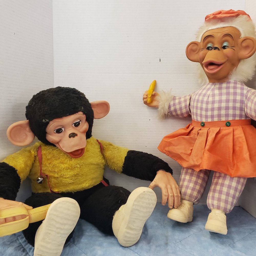 Antique Vintage Chimp Mr Bim Zippy & Regal 1968 Miss Monkey Rubber Face Plush
